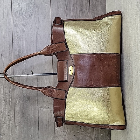 Fossil Reissue Brown Gold Weekender Bag Tote Shoulder Bag - Picture 4 of 15